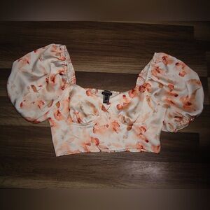 Forever 21 Cream and Orange Puff Sleeve Blouse